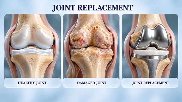 AI generated medical illustration comparing healthy knee, damaged arthritic joint, and total knee replacement surgery