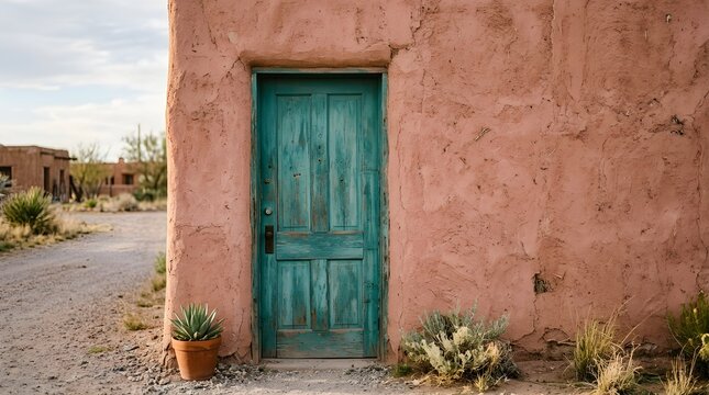 Rustic turquoise painted wooden door set in warm desert adobe wall