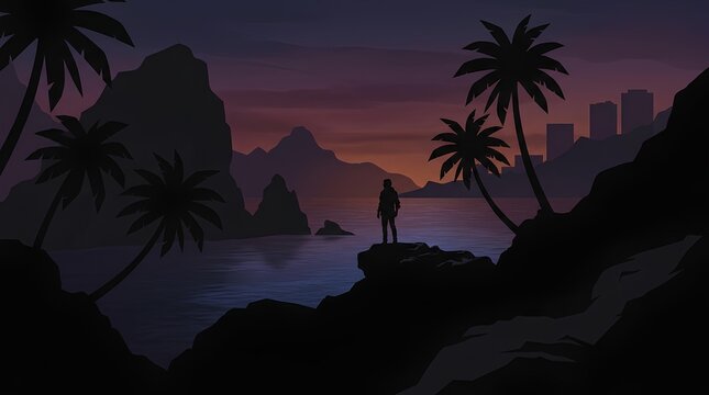 Silhouette of Person Standing Amid Tropical Landscape at Sunset.