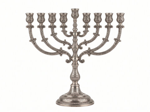 Ornate Silver Menorah Isolated on White Background

