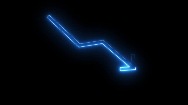 Neon blue arrow downward trend line animation on black background showing economic crash.