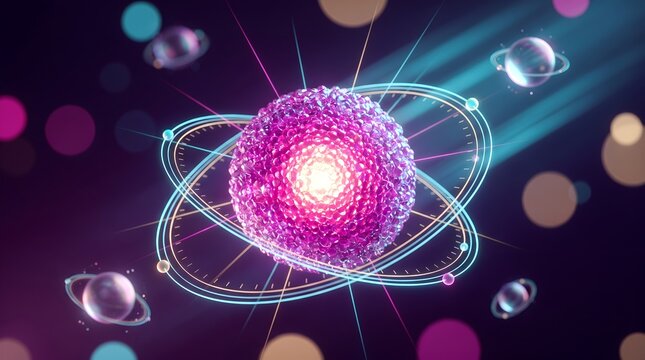 Quantum technology and subatomic particle core featuring glowing magenta crystal sphere with neon orbital rings and light rays