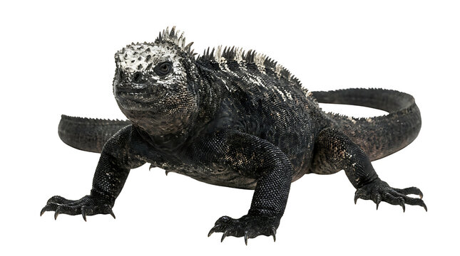 Galapagos Marine Iguana isolated on transparent background, black endemic lizard with spiky crest and scaly skin from the Galapagos Islands, prehistoric-looking marine reptile for nature design.
