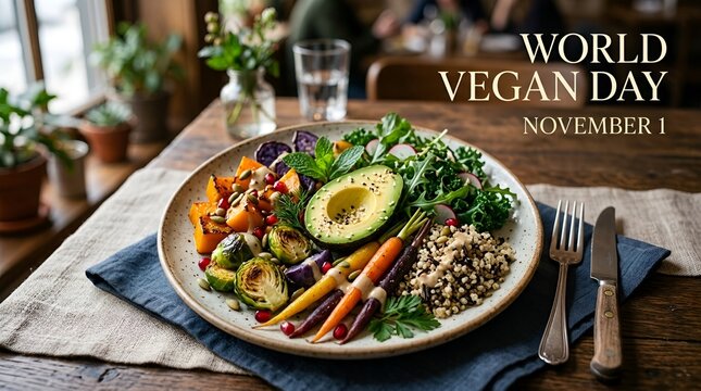 Healthy gourmet vegan buddha bowl with fresh avocado roasted carrots mixed grains on a wooden table world vegan day buda bowl vegan food plant based avocado salad roasted vegeta