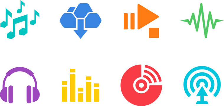 Set of colorful audio and music icons including note cloud play button equalizer headphones disc and signal vector illus