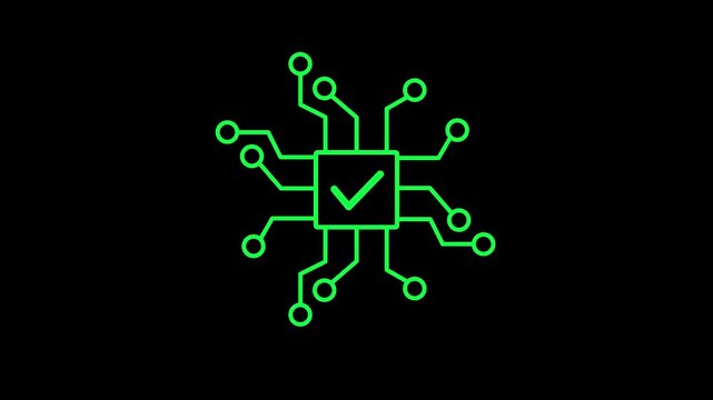A clean black and white technology icon featuring a central microchip with a check mark and connected circuit lines.