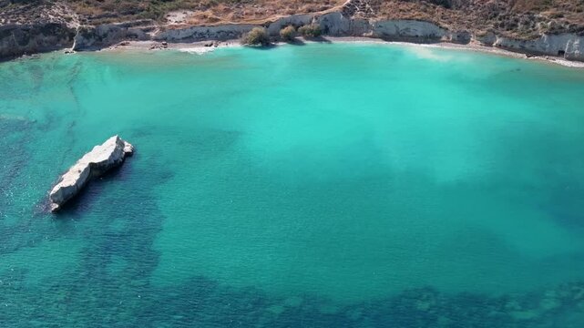 Aerial drone shot.View of famous beach in the summer, Crete, Greece. Famous beach with river and palm trees in Libyan sea. Tropical island, Panoramic view, Most beautiful beaches of Crete island