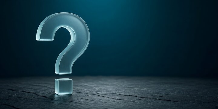 Glowing Glass Question Mark Standing on a Dark Wooden Table Surface with Blue Lighting
