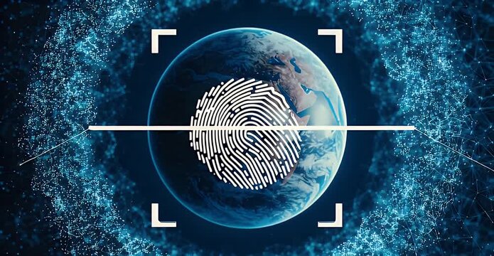 A fingerprint overlays a digitally enhanced Earth, surrounded by a network of glowing nodes