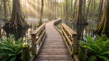 Naklejka premium Wooden Footbridge Trail Through Misty Swamp Forest with Sunbeams