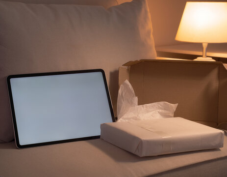 Empty tablet display on a sofa with a half-opened parcel