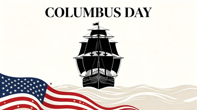 Columbus Day Banner with Sailing Ship Front Silhouette and Waving American Flag   