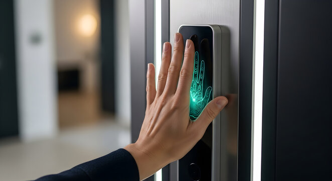 Biometric palm recognition scanner with glowing display grants secure smart door access.