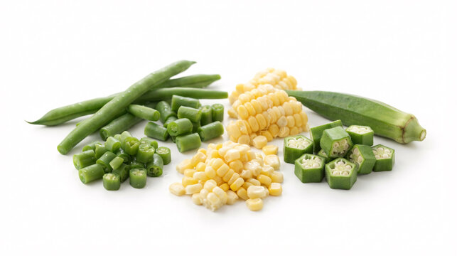 Freshly cut green beans corn and okra on a white background