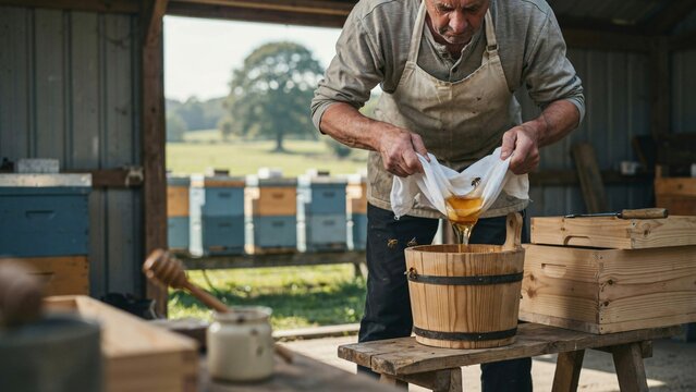 Senior beekeeper filtering fresh raw honey through cloth into wooden bucket in rustic apiary