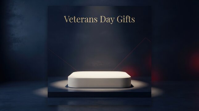 Minimalist pedestal on dark navy background for veterans day gifts promotion with gold elegant text and geometric accents.