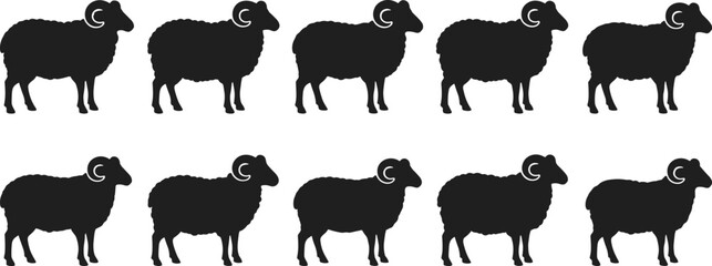 Collection of black ram silhouettes with curved horns for farming and agricultural design concepts © urmilarani