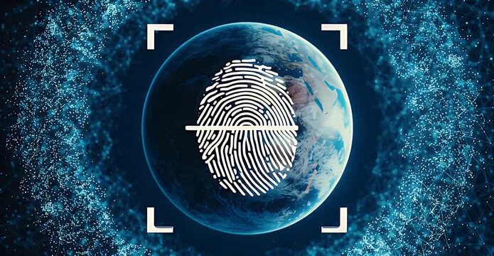 A glowing fingerprint overlayed on Earth, encircled by abstract digital network