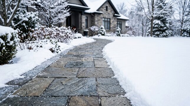 Snowy stone walkway leading to modern residential house in winter.
