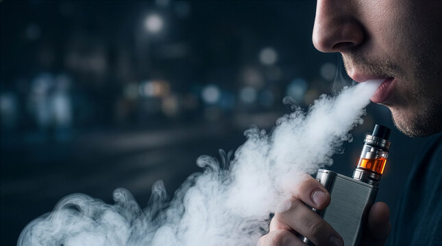 Close up side view of bearded man vaping electronic cigarette blowing thick smoke on blurred city street at night
