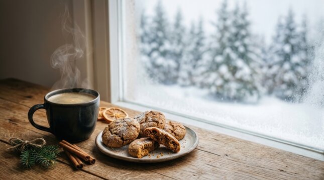 Steaming hot coffee served with fresh spiced cookies by frosty window in winter.