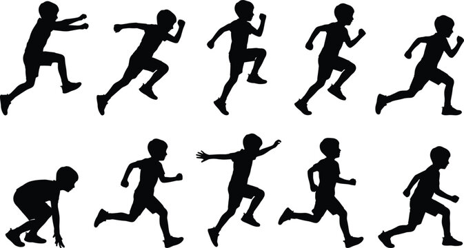 Set of black silhouettes featuring a young boy running and sprinting in various active motion poses.