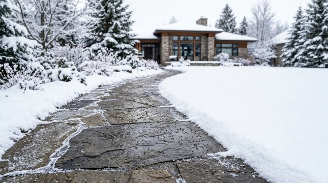 Stone pathway covered in snow leads to modern house exterior in winter.