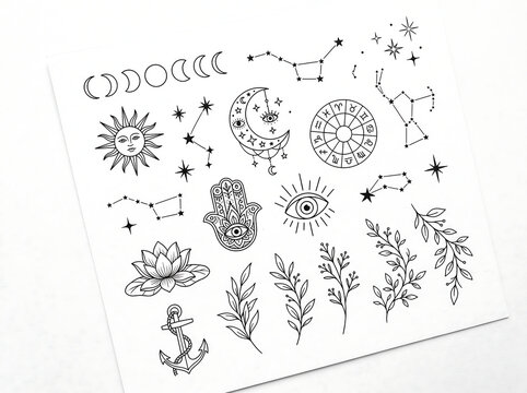 Set of celestial, astrology, hamsa, moon phases, and flash tattoo line art vector elements illustration   