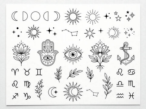 Set of mystical and esoteric line art flash tattoo elements with sun, moon, hamsa, zodiac signs, and lotus vector illustration   