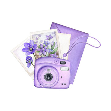 Lavender instant camera with floral photographs, envelope and loose paper. Hand-painted watercolor illustration for photography, scrapbooking, stationery, photo albums and creative projects.