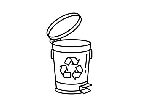 Recycle bin with open lid and recycling symbol outline line art vector illustration   