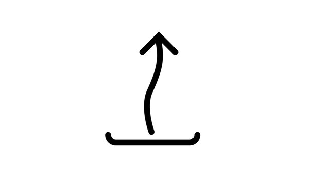 Black upload icon with curved vertical arrow rising from horizontal tray line on white area.