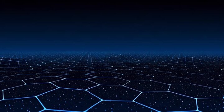 Digital horizon with glowing hexagonal grid and shimmering light particles