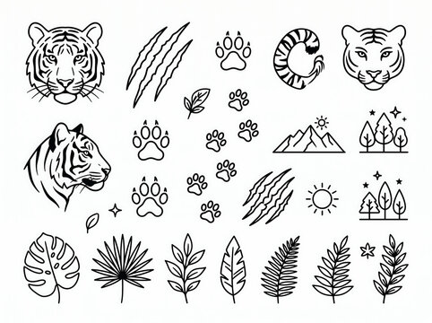 Tiger face, claw marks, paw prints, and tropical jungle leaves outline vector icons set   