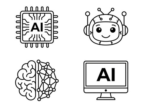 Artificial intelligence AI technology outline icons set with microchip, robot, brain, and computer vector illustration   