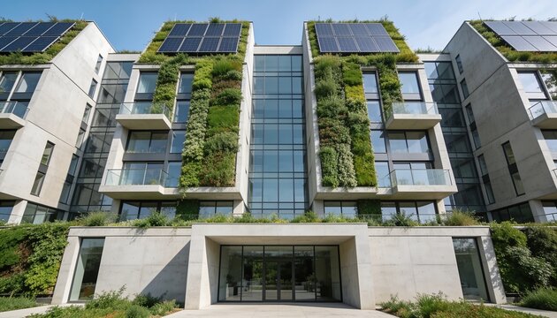 Generative AI Modern residential building with lush vertical gardens and solar panels