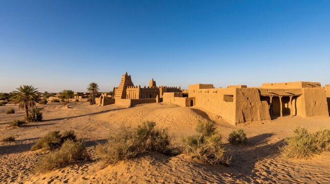 A beautiful view of the historic Great Mosque of Agadez made of mud brick in the middle of the Sahara Desert under a clear blue sky.