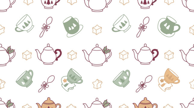 Christmas Teapot and Teacup Pattern with Stars and
Bows