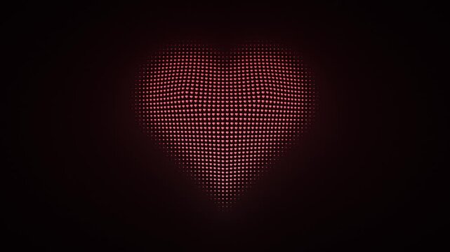 Pattern of glowing red heart shapes made of small dots on a dark black background