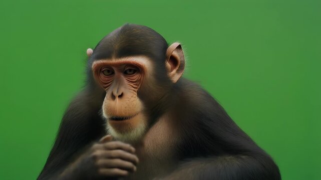 Close-up Portrait of a Curious Monkey with Expressive Eyes Against a Solid Green Background
