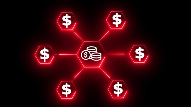 Neon red Dollar Sign Network Diagram on Black Background with Central Hexagon image photo