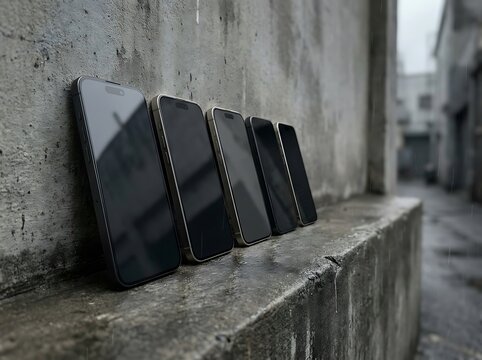 Multiple Smartphones Leaning, Smartphones Leaning Grungy, Leaning Grungy Concrete