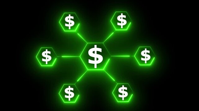 Neon withe Dollar Sign Network Diagram on Black Background with Central Hexagon