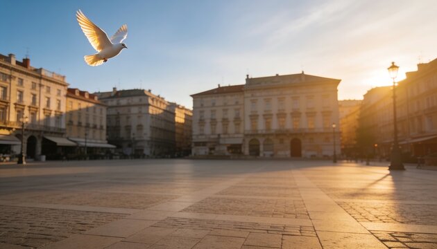 Generative AI peaceful city square with historic buildings and a flying dove during sunset