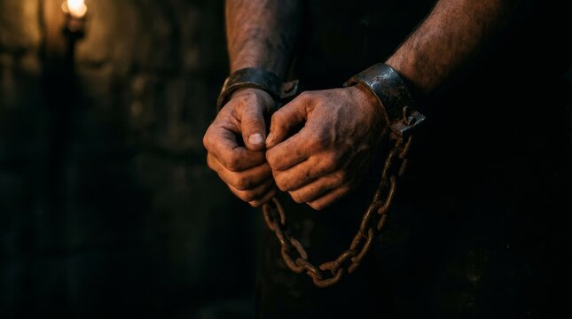 Chained Hands Symbolizing Restriction And Conflict In Dark Setting.