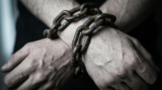 Chains Bound Wrists Symbolizing Restriction And Freedom Struggle.