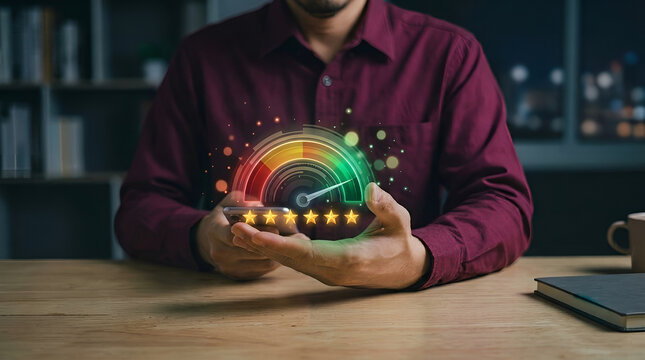 Customer Holding Smartphone with Satisfaction Rating Meter and Five Stars Hologram
