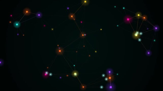 Colorful glowing network nodes connected by thin lines float against a dark background