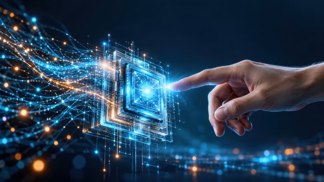 Digital Touchpoint: A human finger makes contact with a glowing, complex digital interface, symbolizing the intersection of human interaction and advanced technology.