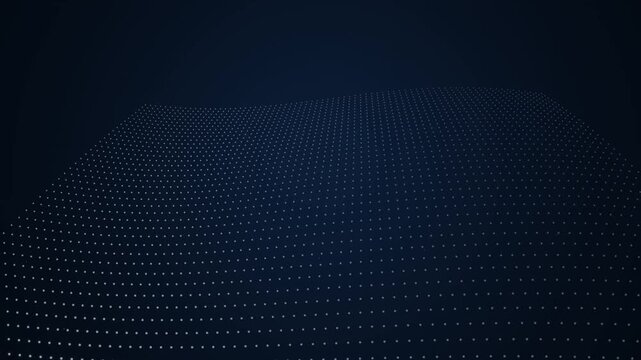 Abstract flowing wave surface made of glowing digital dots on dark background.